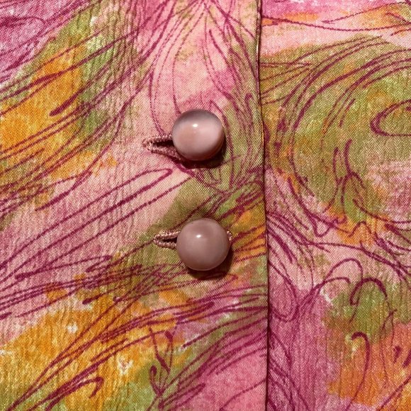 60s Vintage Pink Green Yellow Psychedelic Wide Collar Shirt Dress with Glass But - Picture 5 of 7